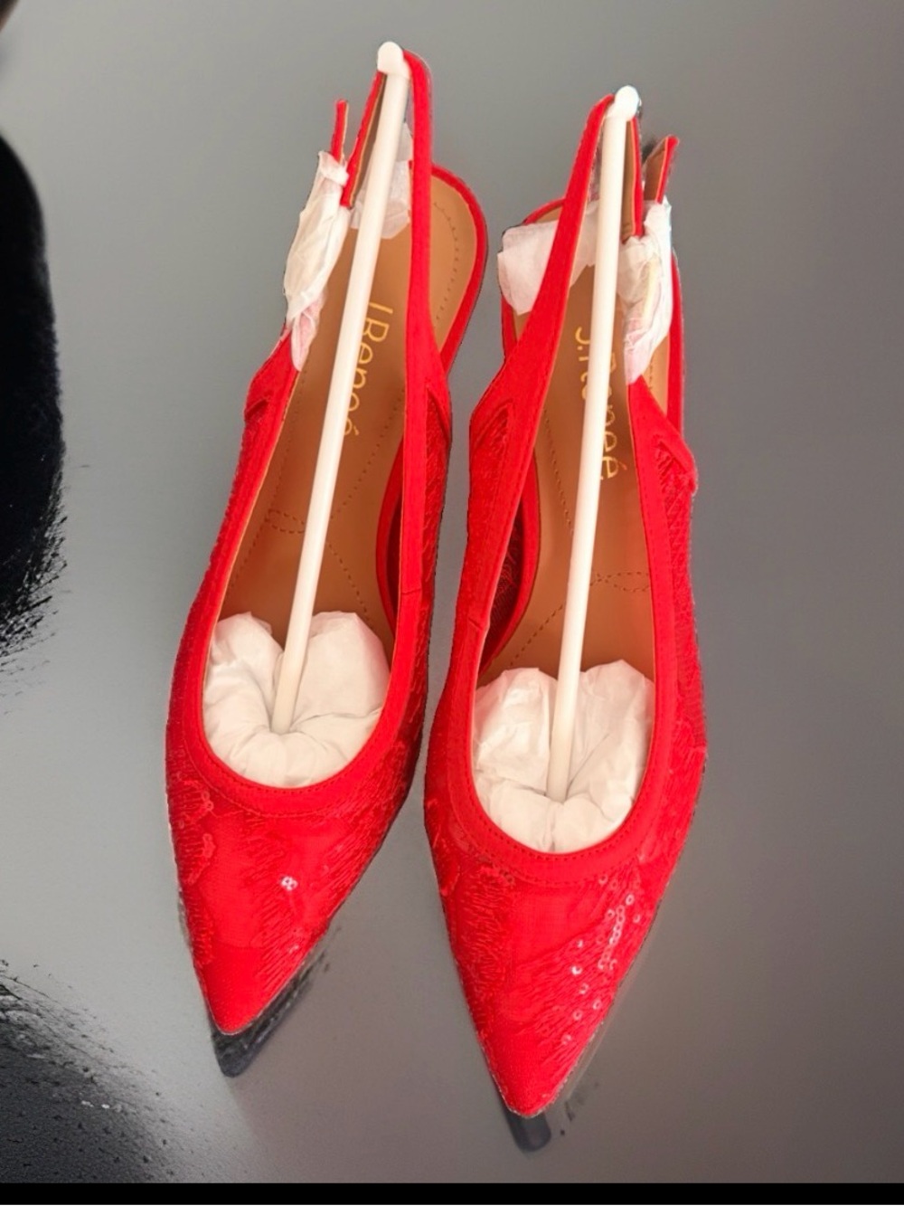 NEW in Dust Bags, J. RENEE RED SEQUIN & LACE WOMEN'S BLOCK HEEL SHOES 7.5W US